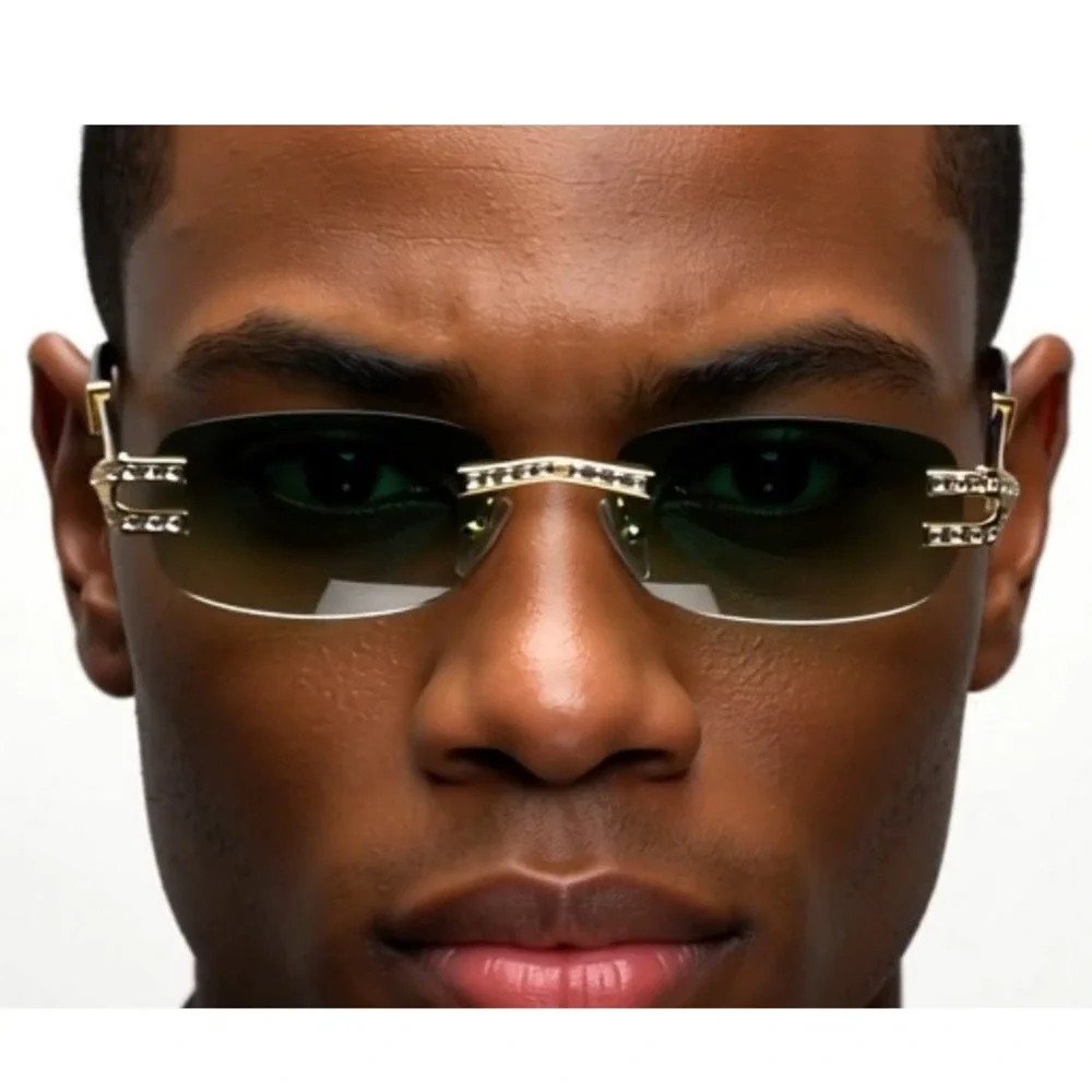 Rhinestone Rimless Men Sunglasses Fashion Green Tinted Lens Hip Hop Street Shade